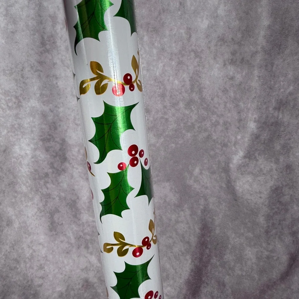 Vtg Y2K Christmas Gift Wrapping Paper Holly Berries Gold Metallic 25 Sq Ft NEW